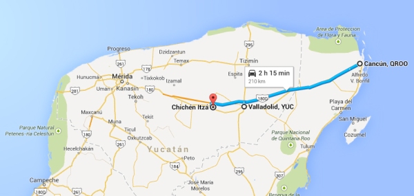 Mapa de Cancun a Valladolid e Chichen Itza